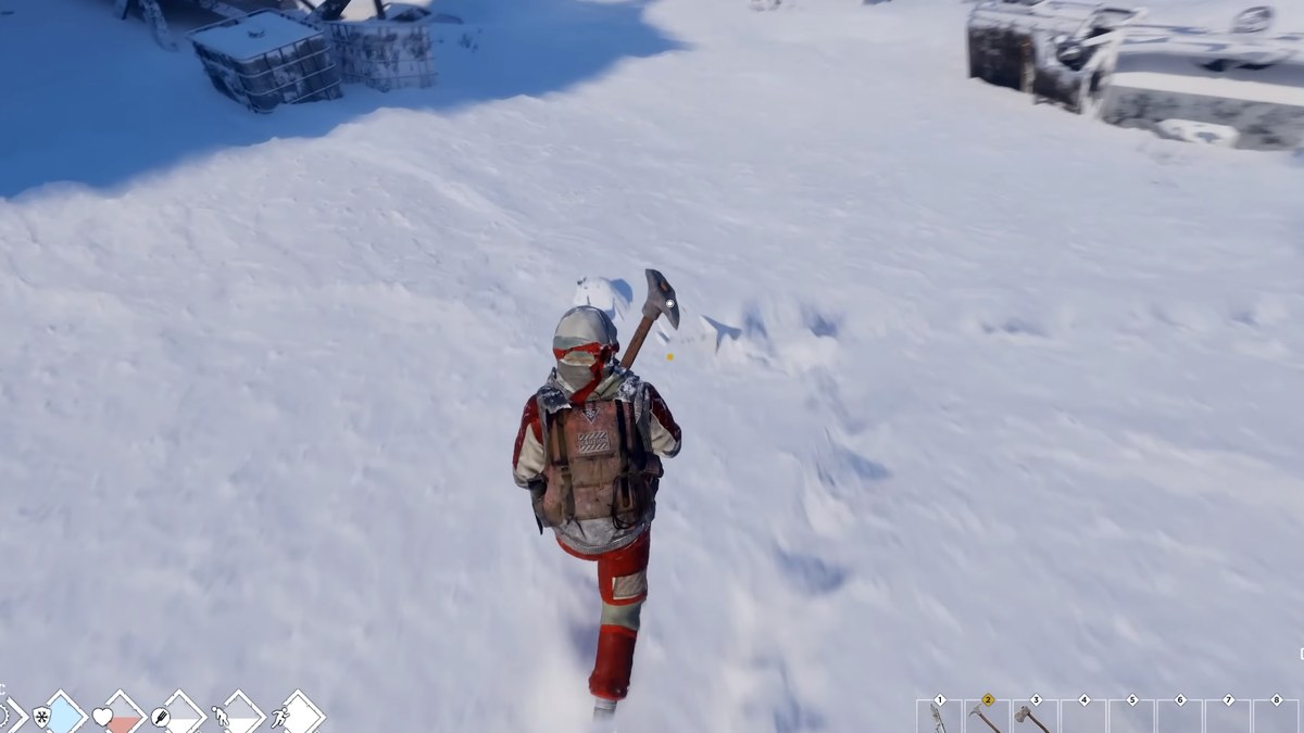 Permafrost – survivor carrying axe through snow ruins
